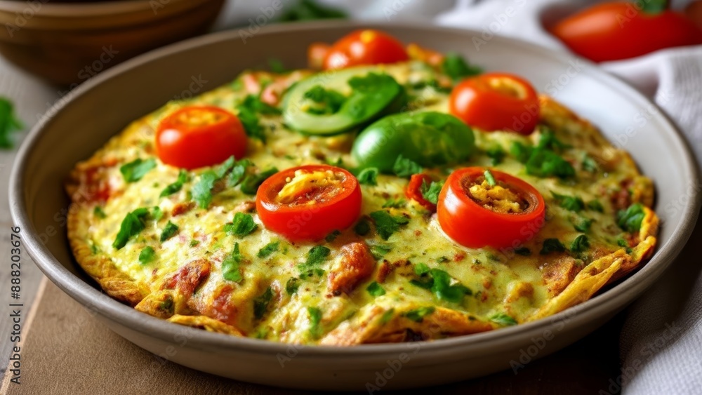 Deliciously baked quiche with fresh tomato and basil toppings Deliciously baked quiche with fresh tomato and basil toppings