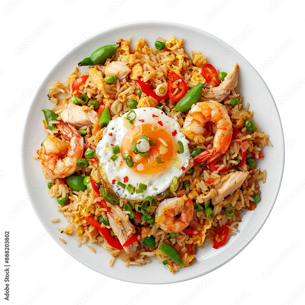 fried rice with prawn chicken and egg isolated on transparent background remove png, Clipping Path