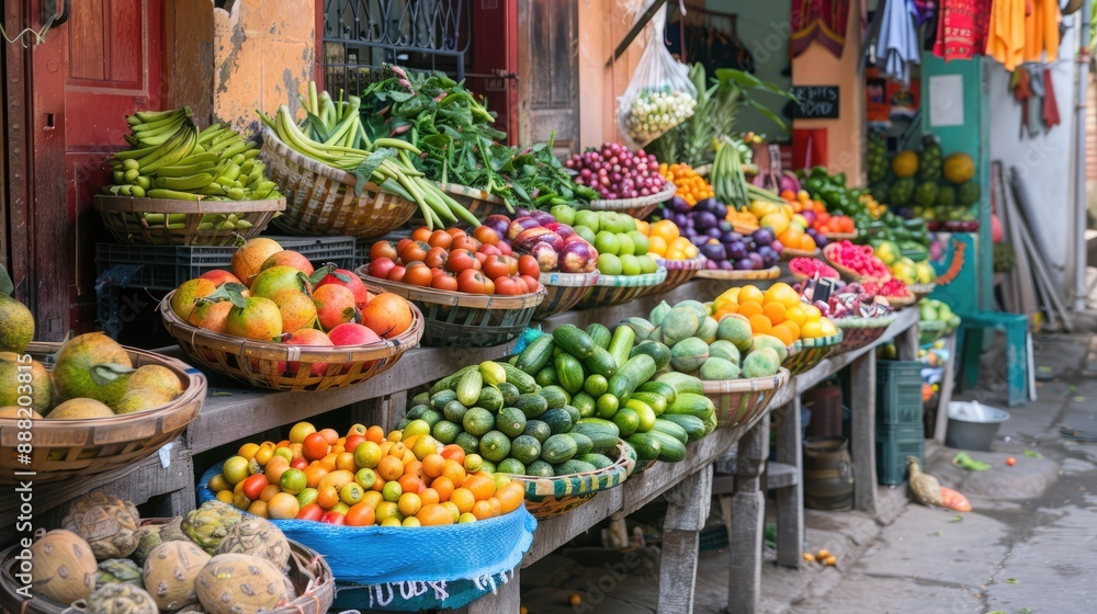 Photograph the colorful displays of fresh produce at a street market Photograph the colorful displays of fresh produce at a street market