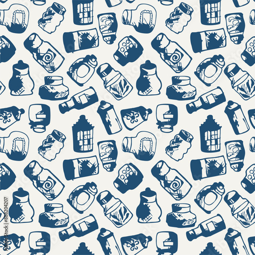 Seamless print pattern with jars and bottles with different food kitchen wallpaper background for textile, paper	
