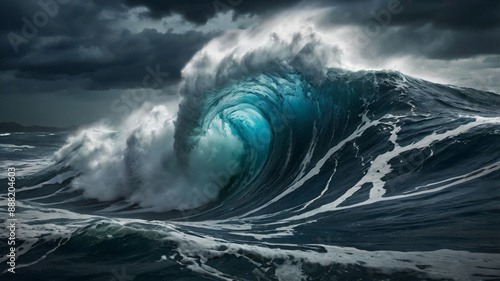  ocean wave breaking during a dark, stormy evening.