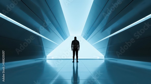 An entrepreneur stands confidently in a futuristic office, representing the spirit of entrepreneurship in an ultramodern, supernatural scene, with copy space