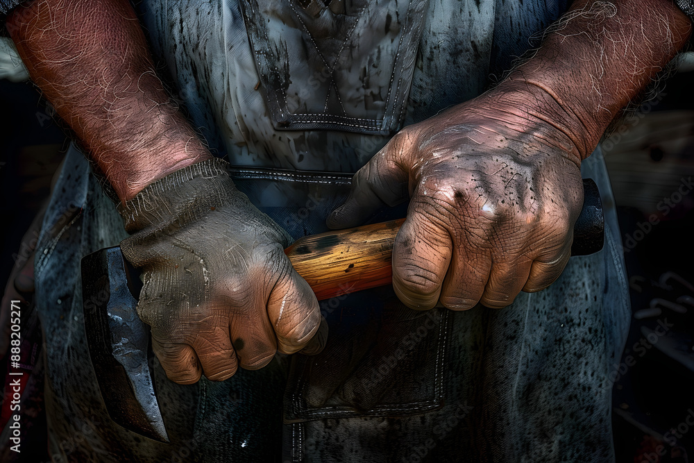 The Grimmy hands of a blacksmith holding a well used hammer. The Grimmy hands of a blacksmith holding a well used hammer.