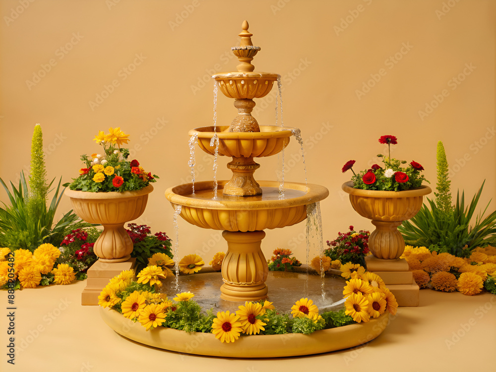 Yellow Fountain with flowers around it. Yellow background Yellow Fountain with flowers around it. Yellow background