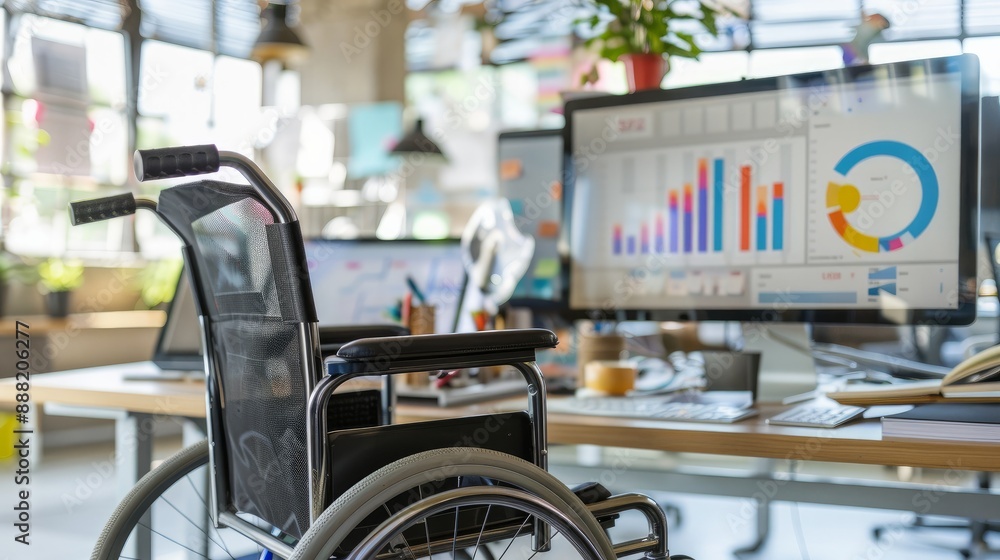 A wheelchair accessible workplace featuring statistical graphs on a computer screen for staff members. A wheelchair accessible workplace featuring statistical graphs on a computer screen for staff members.