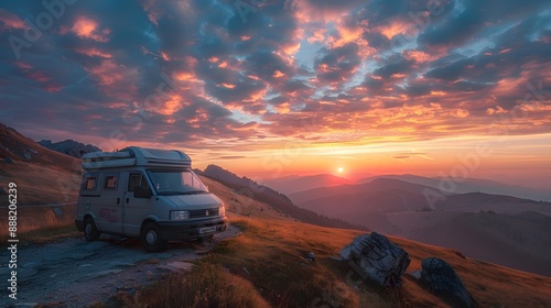 A van was parked on the side of an outdoor mountain trail, overlooking beautiful scenery at sunset.