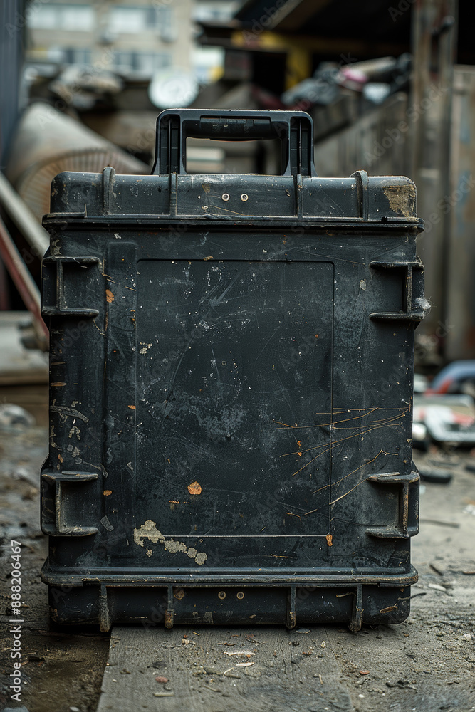 Weathered Black Toolbox in an Industrial Junkyard Setting Weathered Black Toolbox in an Industrial Junkyard Setting