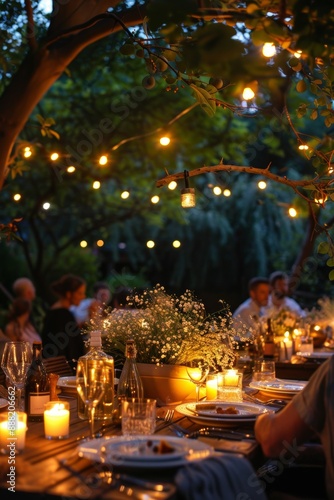 Evening Garden Party with Mosquito Repellent, Elegant Setting with String Lights and Decorated Garden