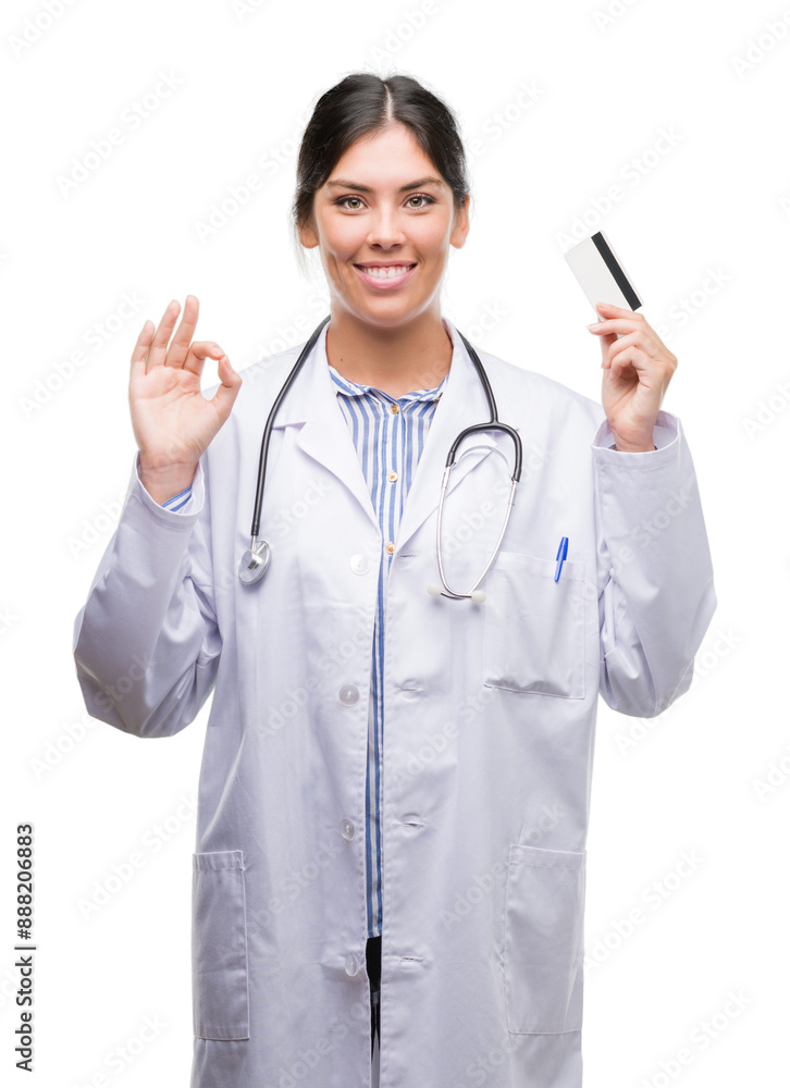 Young hispanic doctor woman holding credit card doing ok sign with fingers, excellent symbol Young hispanic doctor woman holding credit card doing ok sign with fingers, excellent symbol