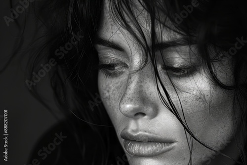 Moody black and white portraits exploring the depths of human emotion and introspection, where raw expressions and subtle gestures reveal the complexity of the human psyche. 