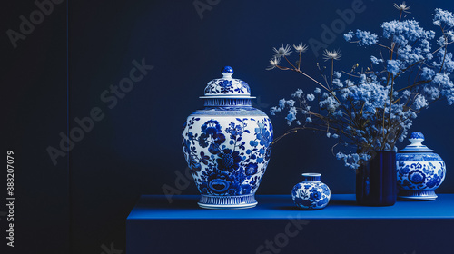 Dutch Delft Blauw Porcelain China Vase , Minimalist Digital Chinoiserie Concept Render 