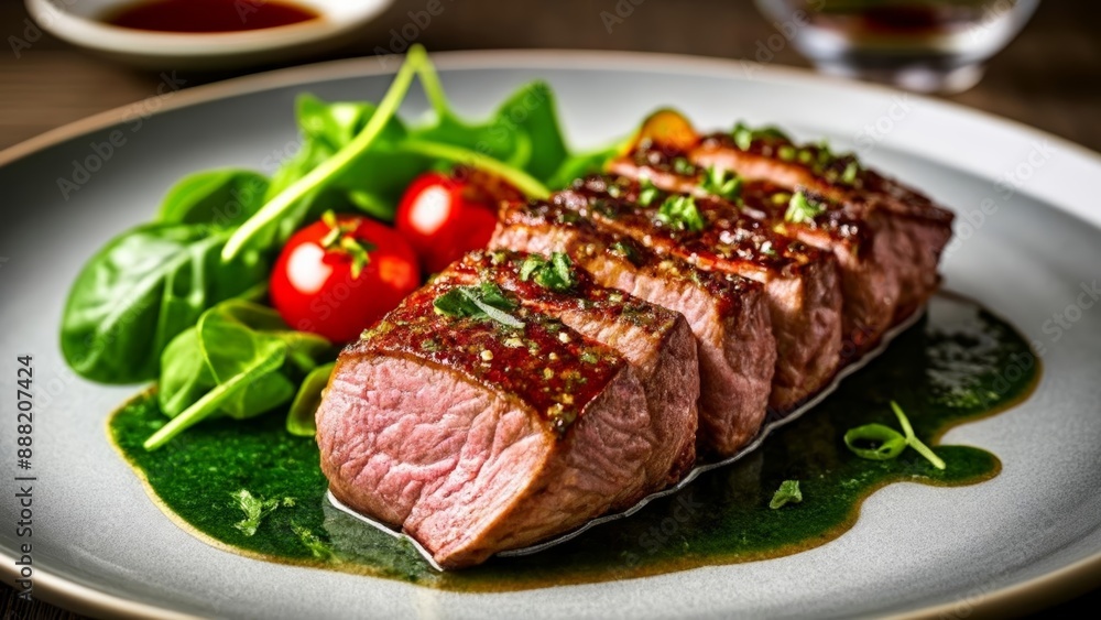 Deliciously grilled steak with a side of fresh greens Deliciously grilled steak with a side of fresh greens