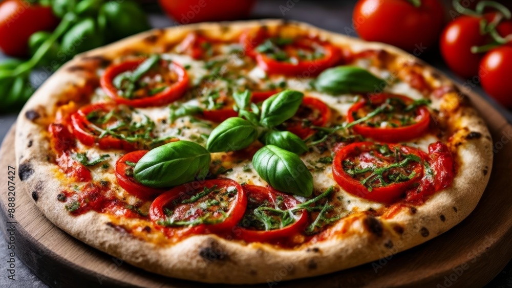 Freshly baked pizza with vibrant toppings ready to be savored Freshly baked pizza with vibrant toppings ready to be savored