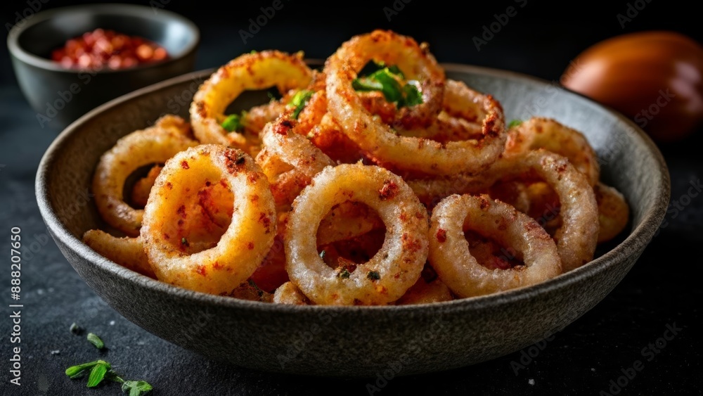 Deliciously crispy onion rings served with a spicy dipping sauce Deliciously crispy onion rings served with a spicy dipping sauce