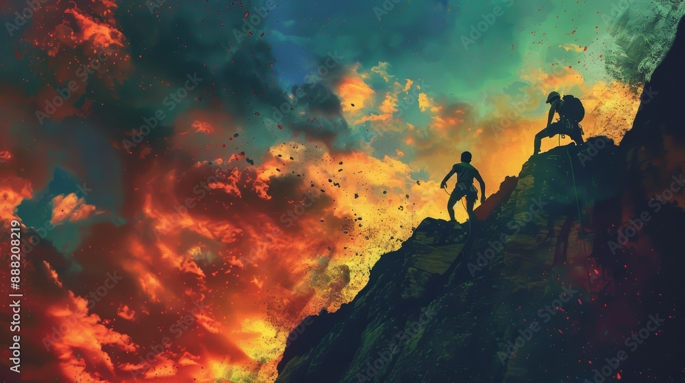 Fototapeta premium Sunset Climbing Adventure Silhouetted Against a Vibrant, Serene Sky for Inspirational Designs