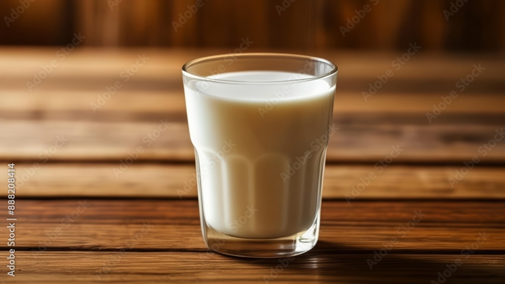 Freshly poured glass of milk on wooden table Freshly poured glass of milk on wooden table