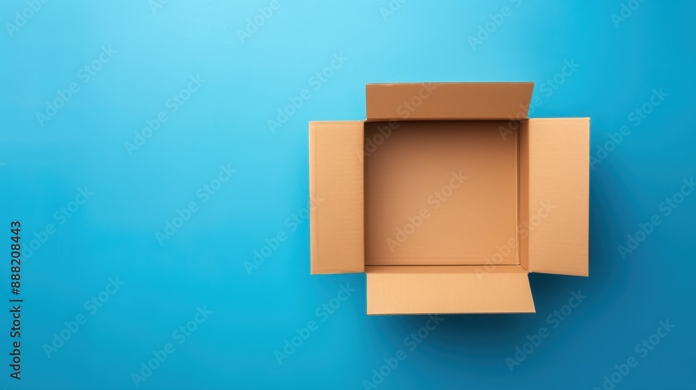Open cardboard box on a vibrant blue background, showcasing packaging concept and simplicity in design with copy space. Open cardboard box on a vibrant blue background, showcasing packaging concept and simplicity in design with copy space.