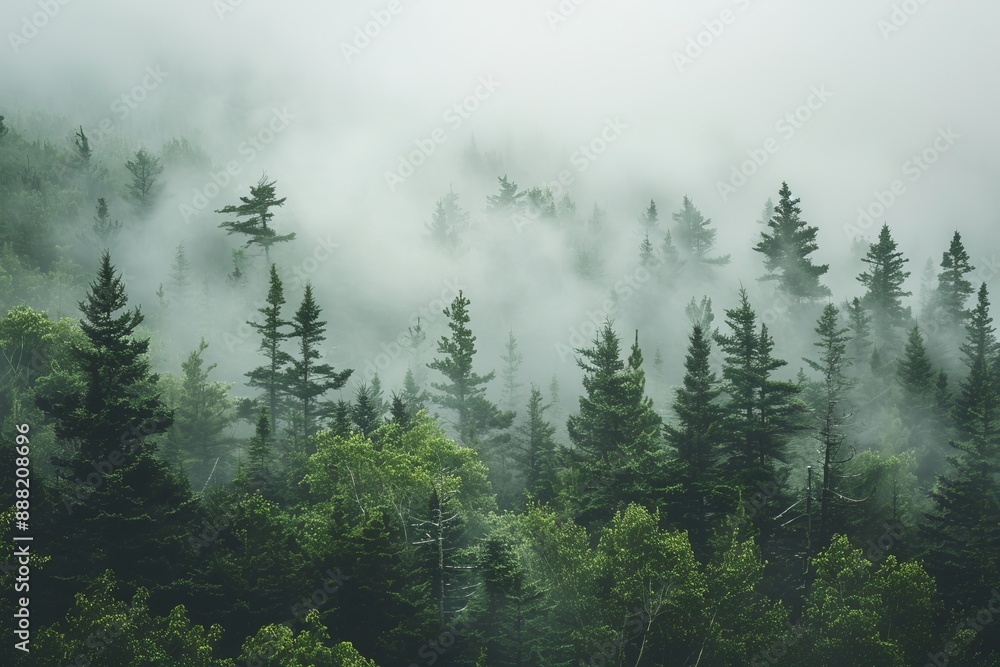 Fototapeta premium Lush green forest covered in dense fog misty woodland nature landscape concept