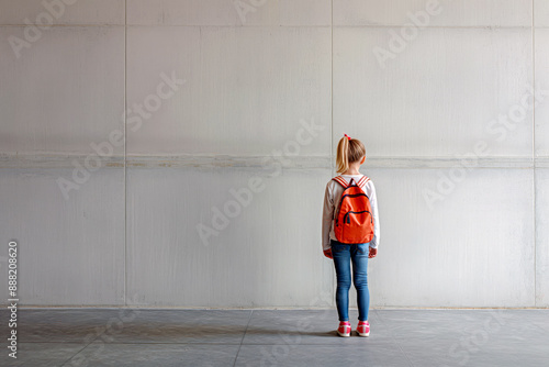 A schoolgirl, standing with a backpack in front of a light wall, minimalistic composition, natural light, clean background. Back view.