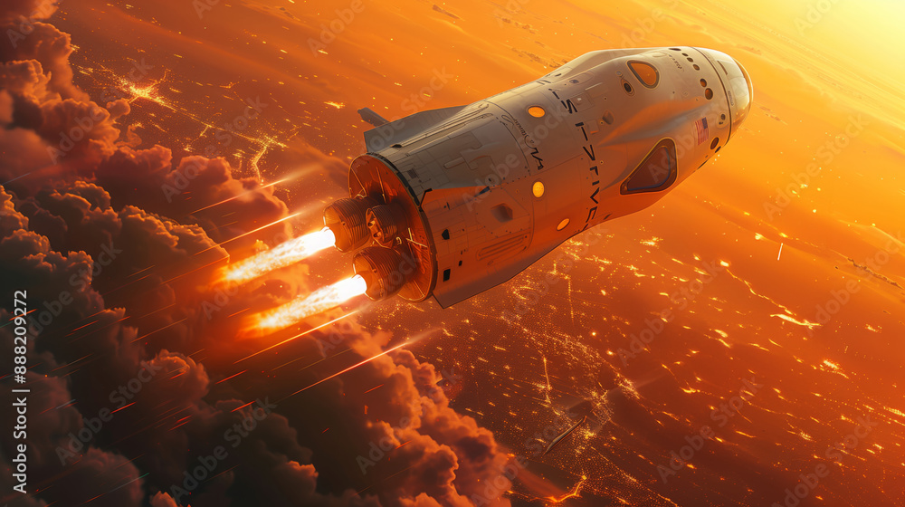 A space tourism spacecraft launches upward into the sky, leaving fiery trails behind as it ascends through the clouds. A space tourism spacecraft launches upward into the sky, leaving fiery trails behind as it ascends through the clouds.
