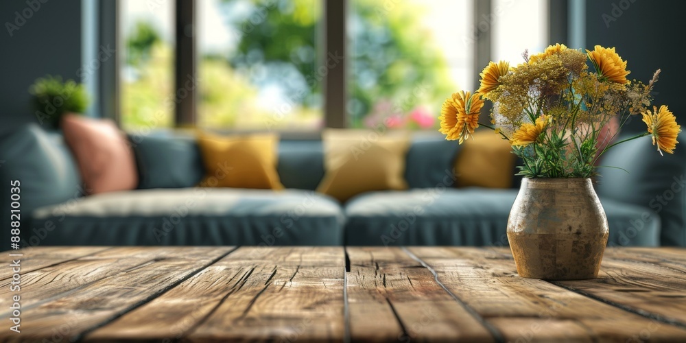 Charming living room with rustic wooden table and vase of vibrant sunflowers, cozy blue sofa adorned with yellow and pink pillows, home products platform concept. Charming living room with rustic wooden table and vase of vibrant sunflowers, cozy blue sofa adorned with yellow and pink pillows, home products platform concept.