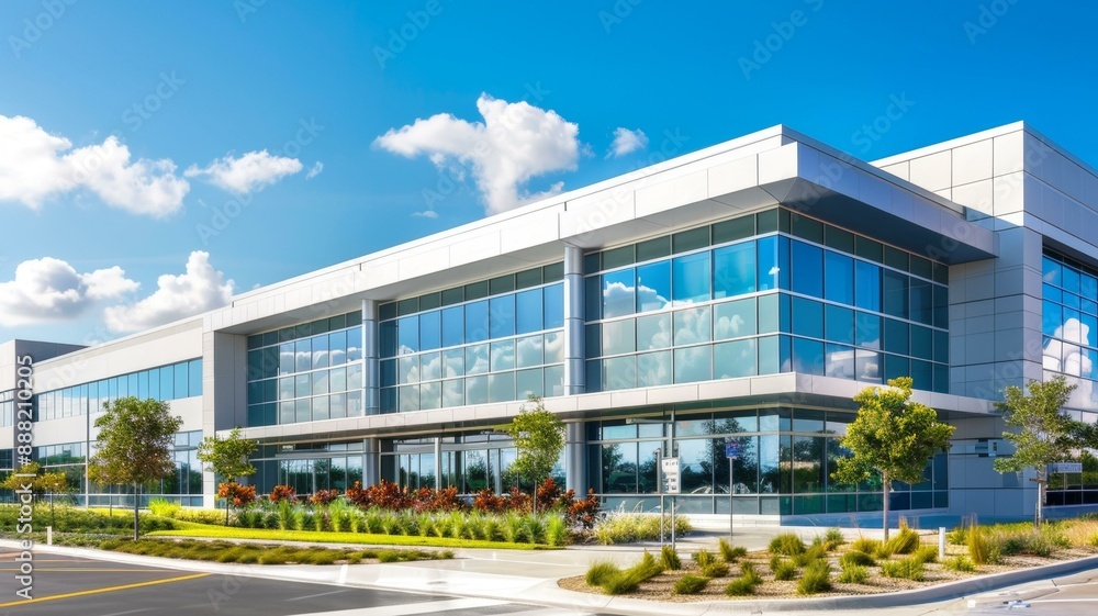 Elegant large modern hospital exterior with expansive glass windows, lush landscaping, under vibrant blue skies, highlighting advanced medical facility entrance. Elegant large modern hospital exterior with expansive glass windows, lush landscaping, under vibrant blue skies, highlighting advanced medical facility entrance.
