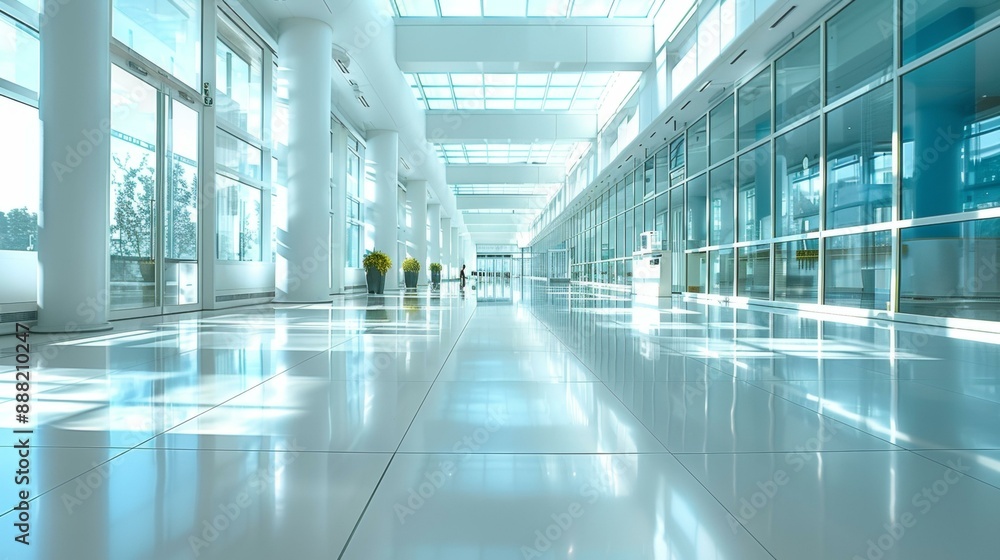 Spacious modern hospital corridor with glossy white tiles, large windows, and natural light streaming in, creating a clean and welcoming atmosphere. Copy space. Spacious modern hospital corridor with glossy white tiles, large windows, and natural light streaming in, creating a clean and welcoming atmosphere. Copy space.