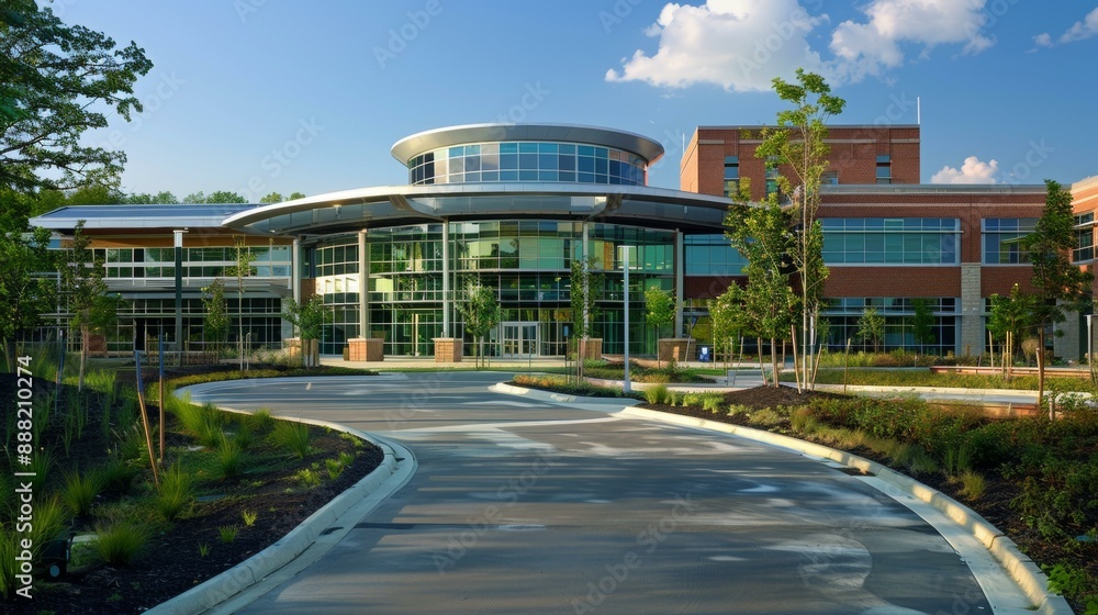 Naklejka premium Modern medical facility entrance framed by lush greenery and clear blue sky, showcasing sleek architecture and expansive glass windows.
