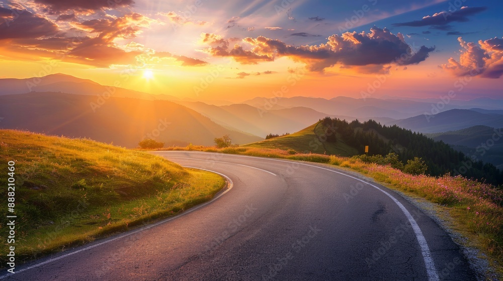 Road through the mountains at a vivid summer sunset Road through the mountains at a vivid summer sunset