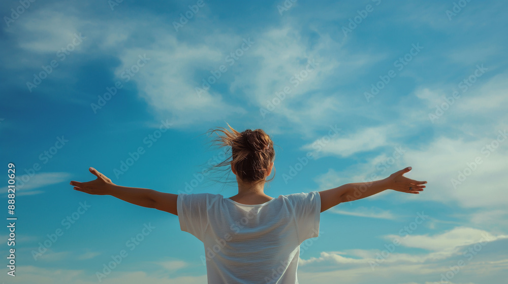 Woman with Arms Outstretched to the Sky - Inspirational and Free-Spirited Outdoor Photography, Back View of Female Embracing Nature, Freedom, and Joyful Moment Woman with Arms Outstretched to the Sky - Inspirational and Free-Spirited Outdoor Photography, Back View of Female Embracing Nature, Freedom, and Joyful Moment