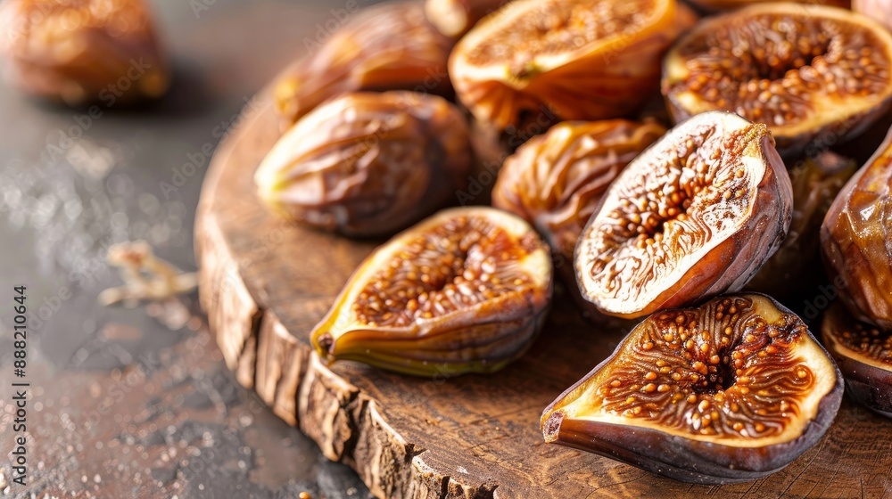 Sun-dried figs presented on a wooden board with a backdrop of stones. Sun-dried figs presented on a wooden board with a backdrop of stones.