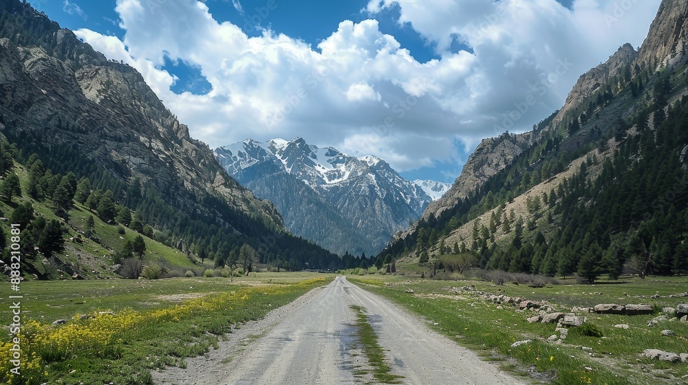 Wide view of a mountain pass. Wide view of a mountain pass.
