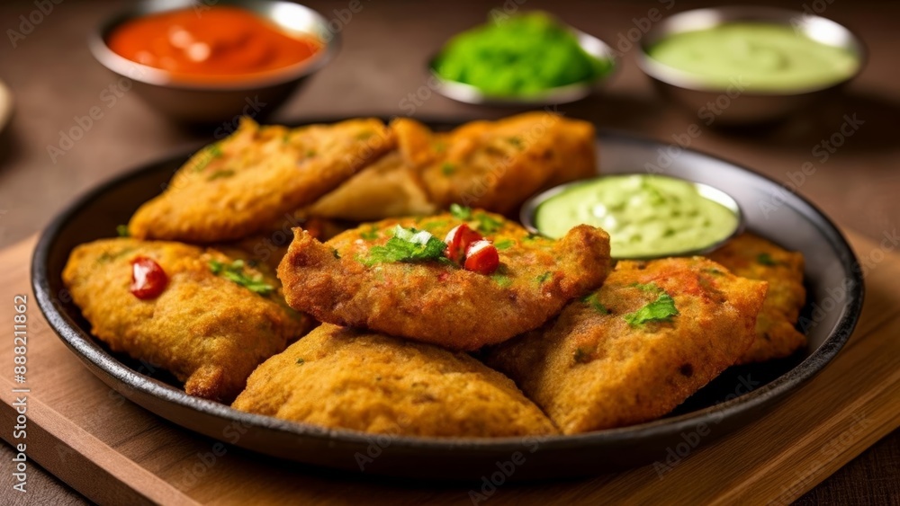 Fototapeta premium Delicious appetizers with vibrant dipping sauces