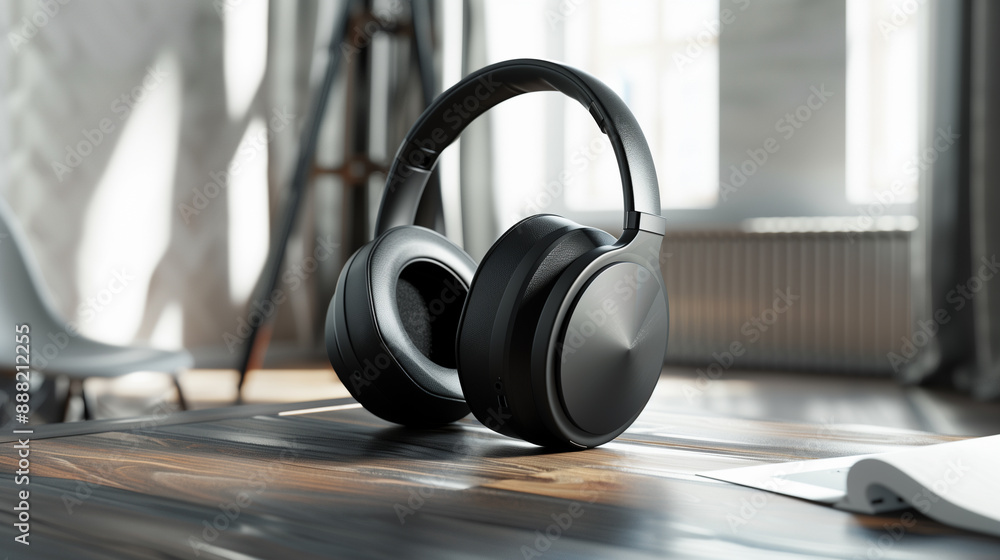 modern headphones on the table modern headphones on the table