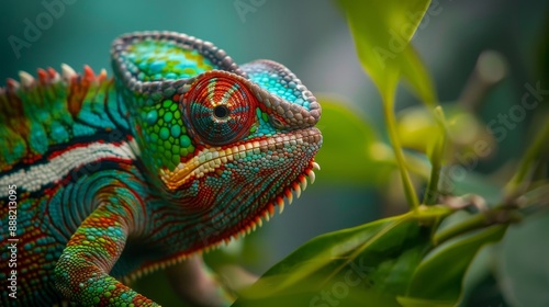 Close-up of a chameleon on a branch. 