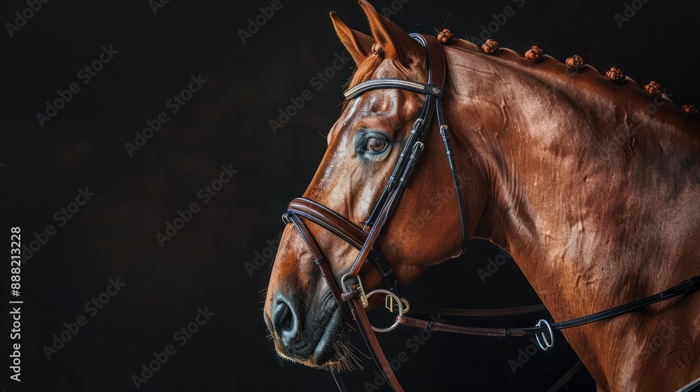 Obraz premium Black background isolated portrait of a beautiful chestnut dressage Budyonny gelding horse wearing a bridle