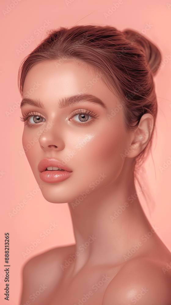 Young Woman with Flawless Skin and Perfect Makeup, Elegant Beauty Portrait, Soft Pink Background, Chic Hairstyle, Radiant and Fresh Look, Fashion Photography Young Woman with Flawless Skin and Perfect Makeup, Elegant Beauty Portrait, Soft Pink Background, Chic Hairstyle, Radiant and Fresh Look, Fashion Photography