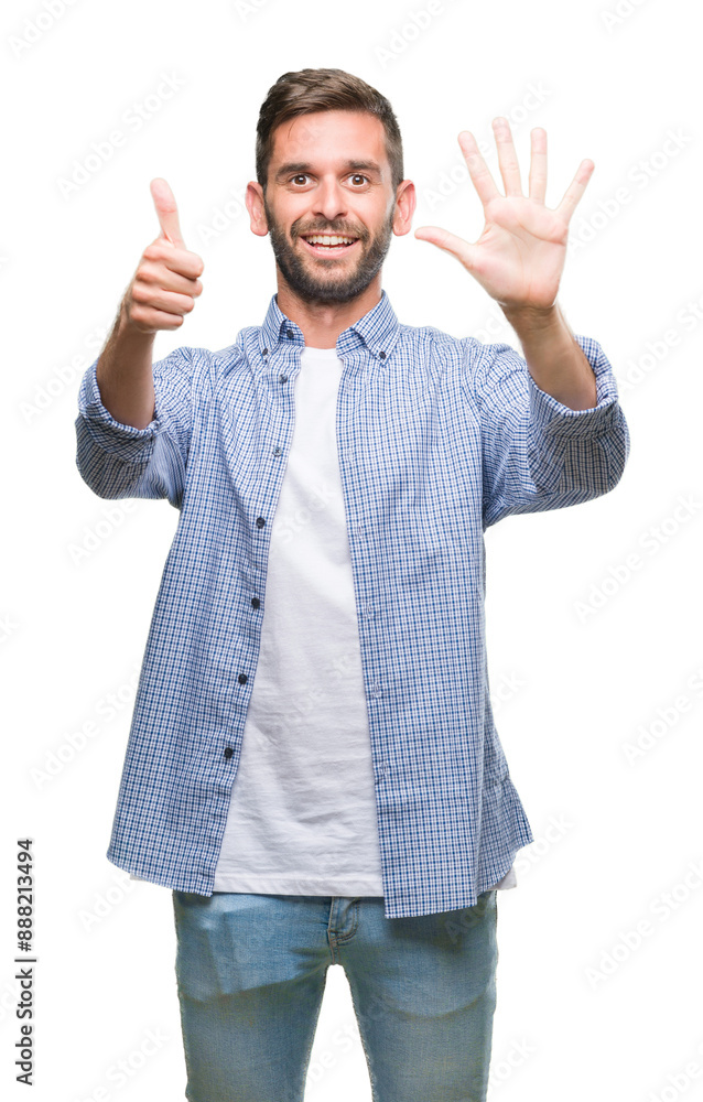 Young handsome man wearing white t-shirt over isolated background showing and pointing up with fingers number six while smiling confident and happy. Young handsome man wearing white t-shirt over isolated background showing and pointing up with fingers number six while smiling confident and happy.