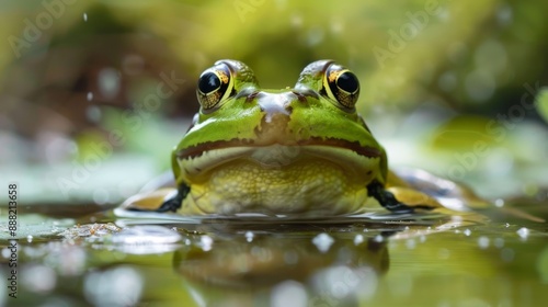 Close-up of a frog in a pond.