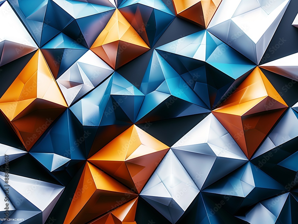 3D rendering of futuristic low poly shapes in blue, orange, and white on a black background. High-detail geometric wallpaper. 3D rendering of futuristic low poly shapes in blue, orange, and white on a black background. High-detail geometric wallpaper.