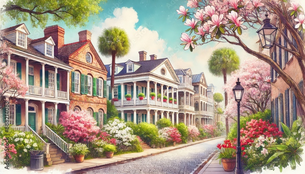 Obraz premium A Spring day in Charleston, South Carolina, features antebellum homes, magnolias and cobblestone streets