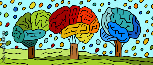 Brains in a shape of trees in a vibrant spectrum of colors.