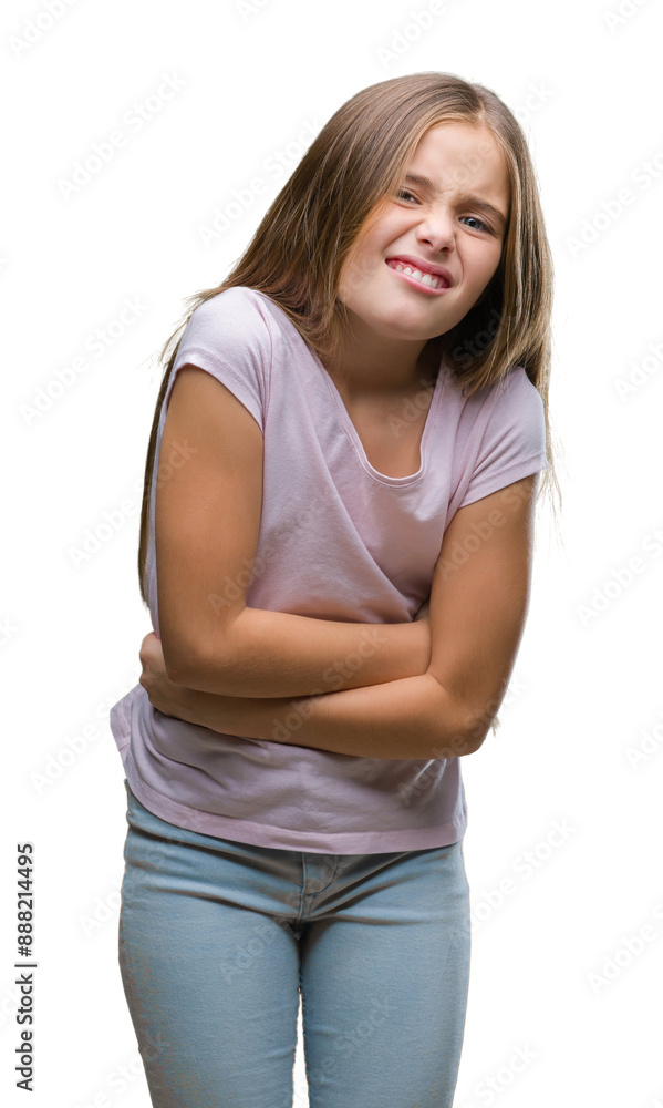 Young beautiful girl over isolated background with hand on stomach because nausea, painful disease feeling unwell. Ache concept. Young beautiful girl over isolated background with hand on stomach because nausea, painful disease feeling unwell. Ache concept.