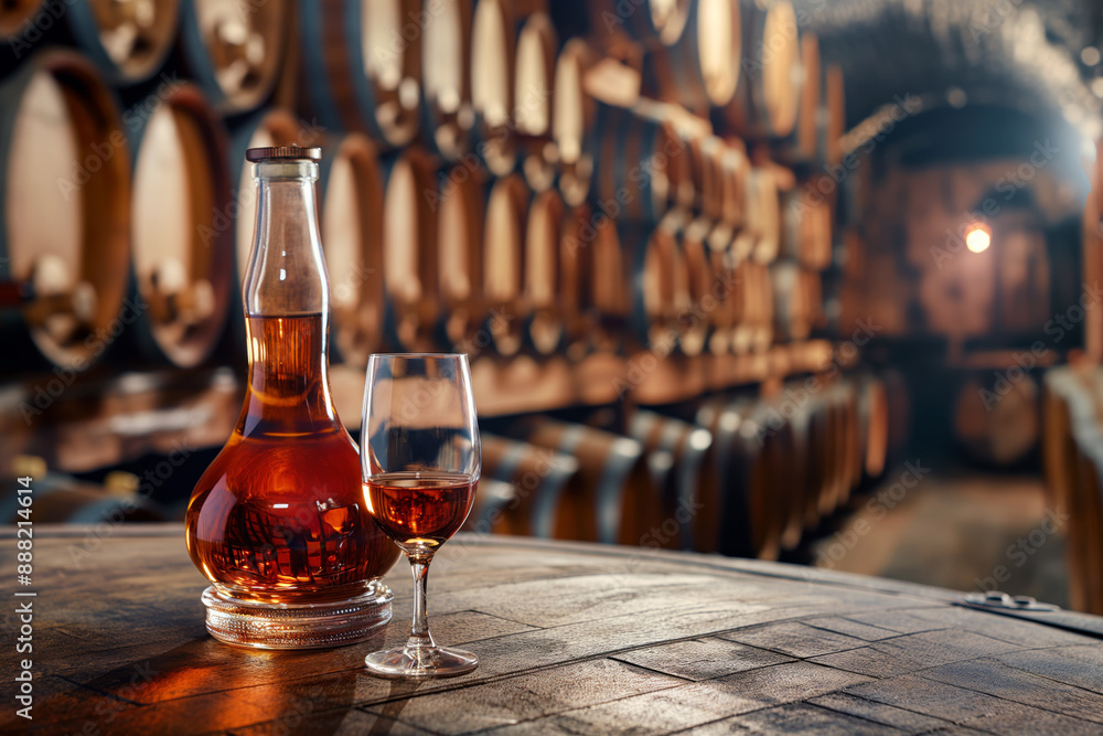 Close-up of bottle and glass of cognac on background of wooden barrels in cellar of winery. Close-up of bottle and glass of cognac on background of wooden barrels in cellar of winery.