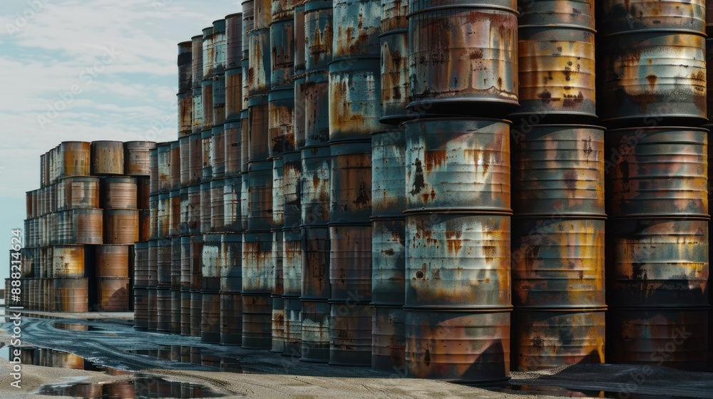 Rusty metal barrels stacked in an industrial lot Rusty metal barrels stacked in an industrial lot