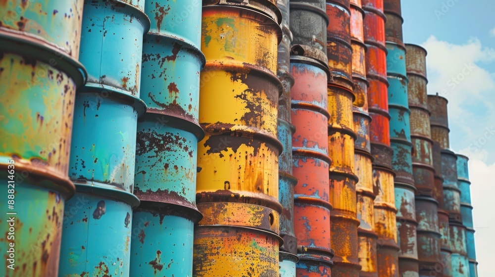 Colorful rusty barrels in a long stack depict neglect. Colorful rusty barrels in a long stack depict neglect.