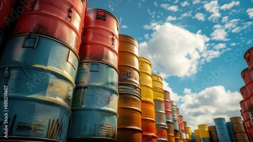 Vibrantly colored oil barrels stacked under blue skies. photo