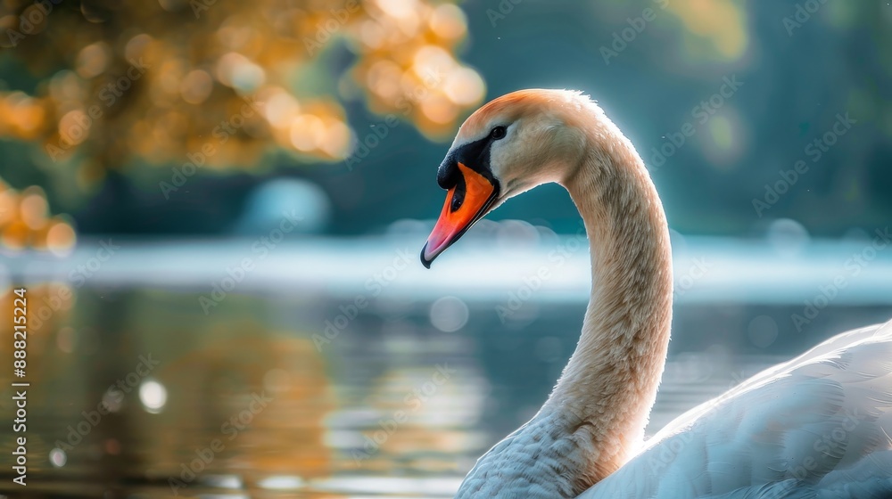 Fototapeta premium White Swan With Curved Neck in Calm Water Near Autumn Foliage