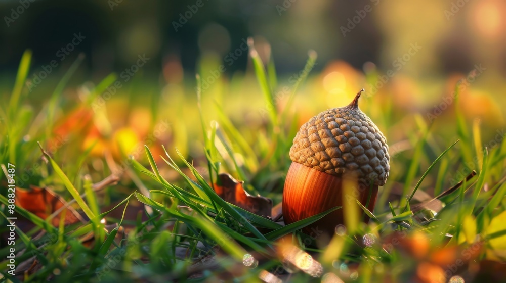 Obraz premium Single Acorn in Autumn Grass With Warm Sunlight