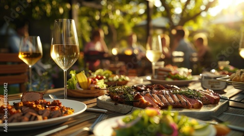 Outdoor Garden Party with a Feast of Grilled Foods and Wine